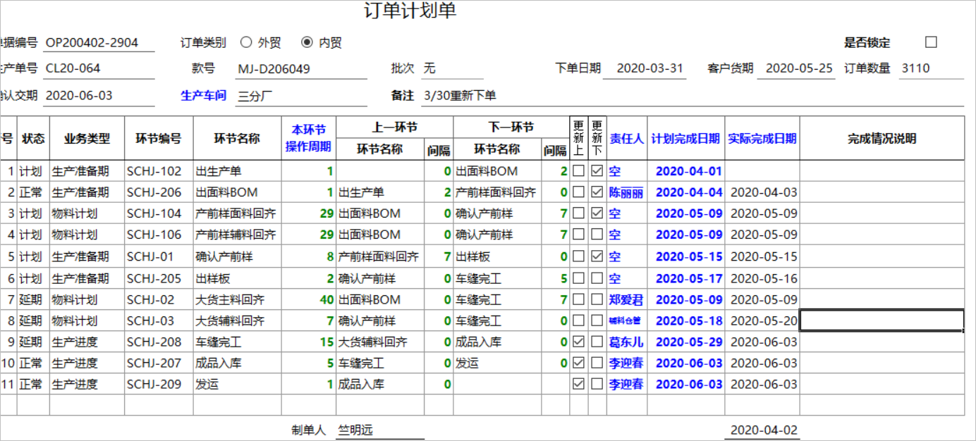 服装ERP管理系统（订单计划）